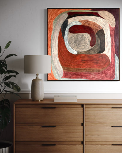 Ruminating by Sophie Lehniger, square abstract painting from the HELD series in red and brown tones, 78 x 78 cm acrylic on canvas.