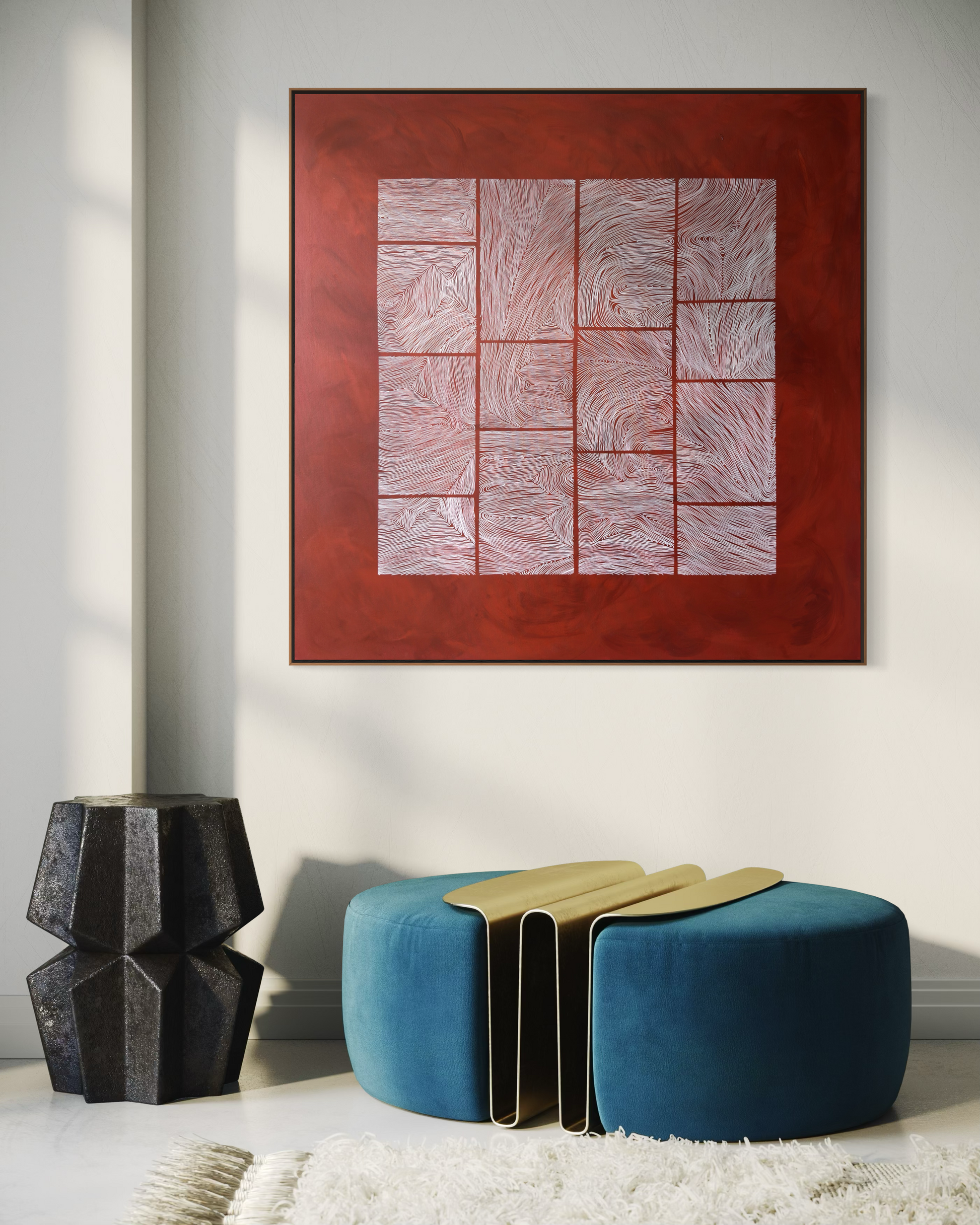 Large abstract acrylic painting with white linear grid on deep red background, contemporary geometric abstract wall art.
