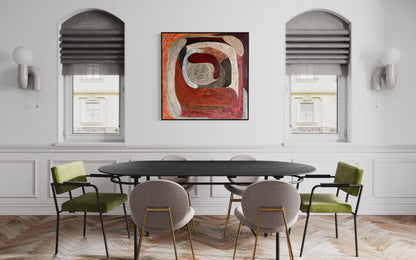 Ruminating by Sophie Lehniger, square abstract painting from the HELD series in red and brown tones, 78 x 78 cm acrylic on canvas.