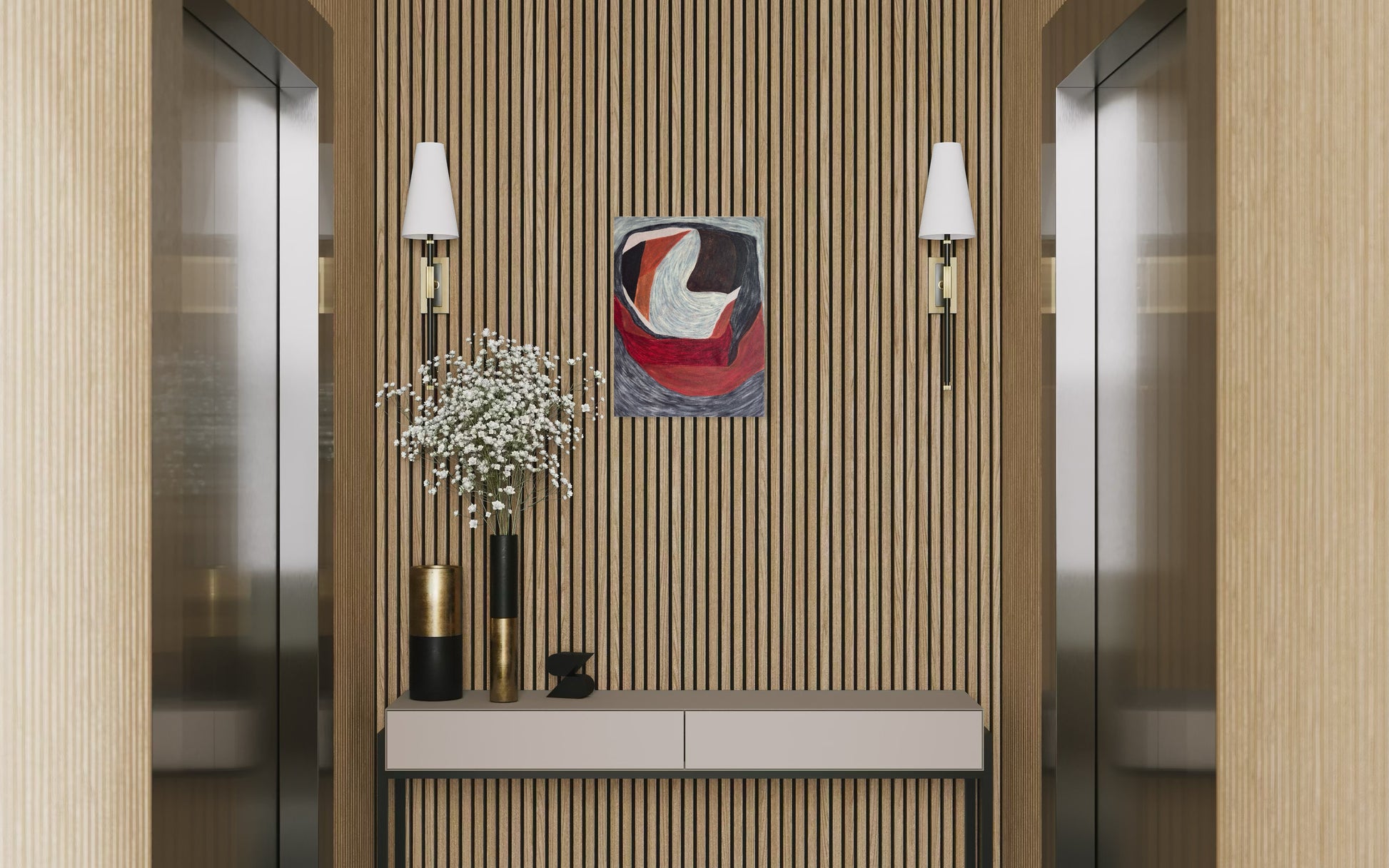 contemporary abstract wall art held03 in neutral interior setting with dark warm tones