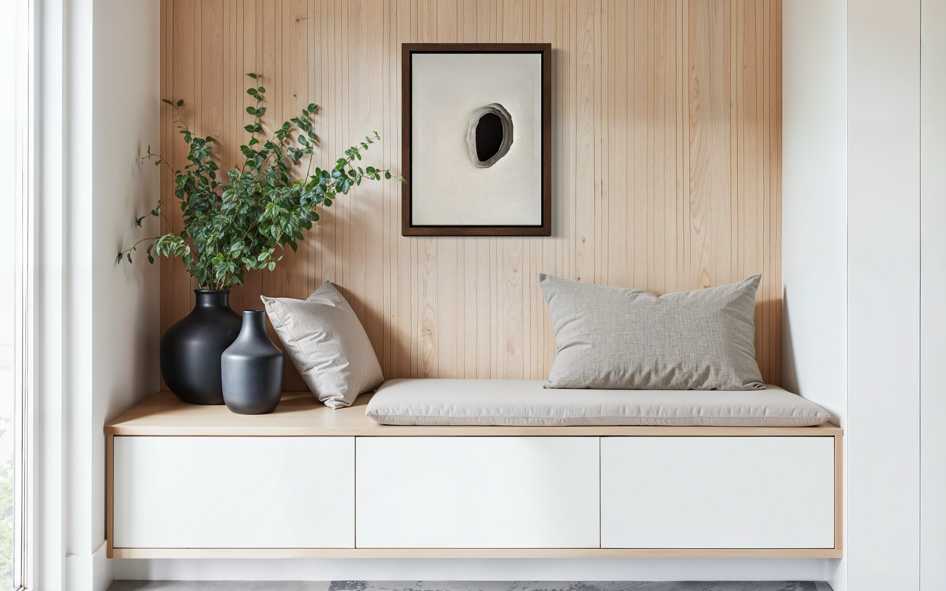 Whole I from the Whole series, abstract painting with sculpted canvas and restrained tones