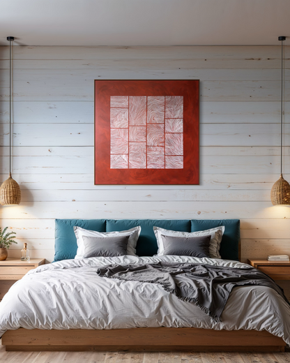 Large abstract acrylic painting with white linear grid on deep red background, contemporary geometric abstract wall art.