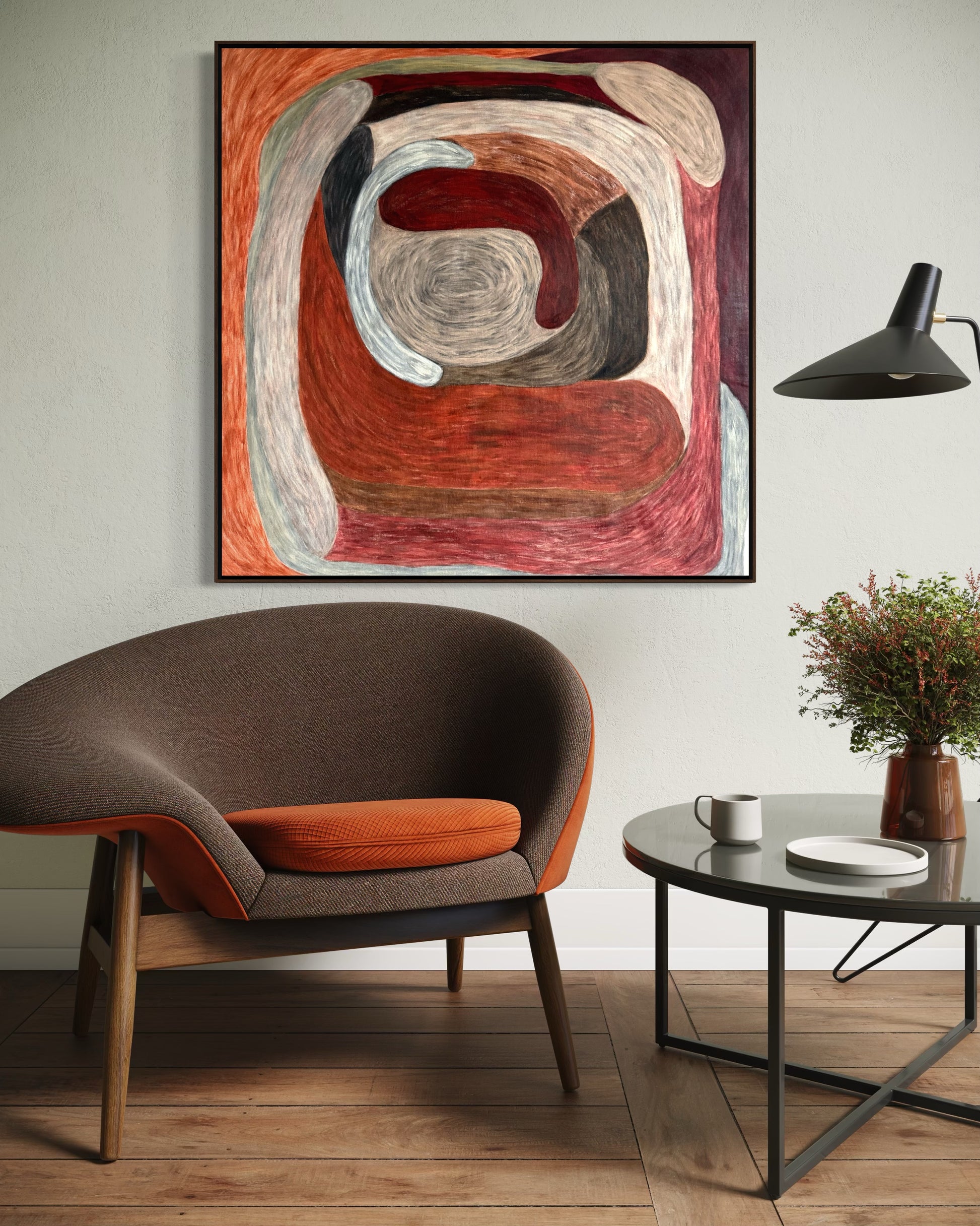 Ruminating by Sophie Lehniger, square abstract painting from the HELD series in red and brown tones, 78 x 78 cm acrylic on canvas.