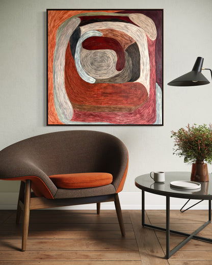 Ruminating by Sophie Lehniger, square abstract painting from the HELD series in red and brown tones, 78 x 78 cm acrylic on canvas.