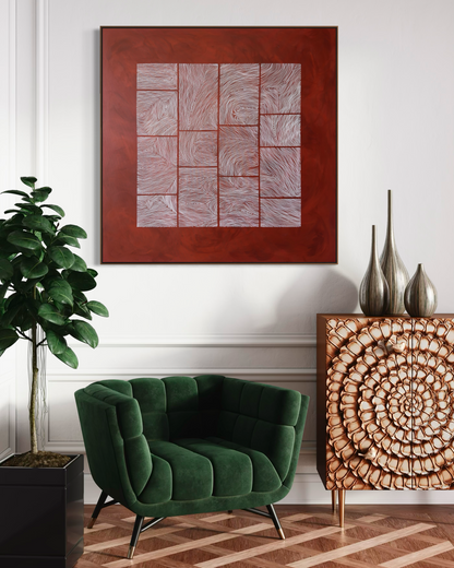 Large abstract acrylic painting with white linear grid on deep red background, contemporary geometric abstract wall art.