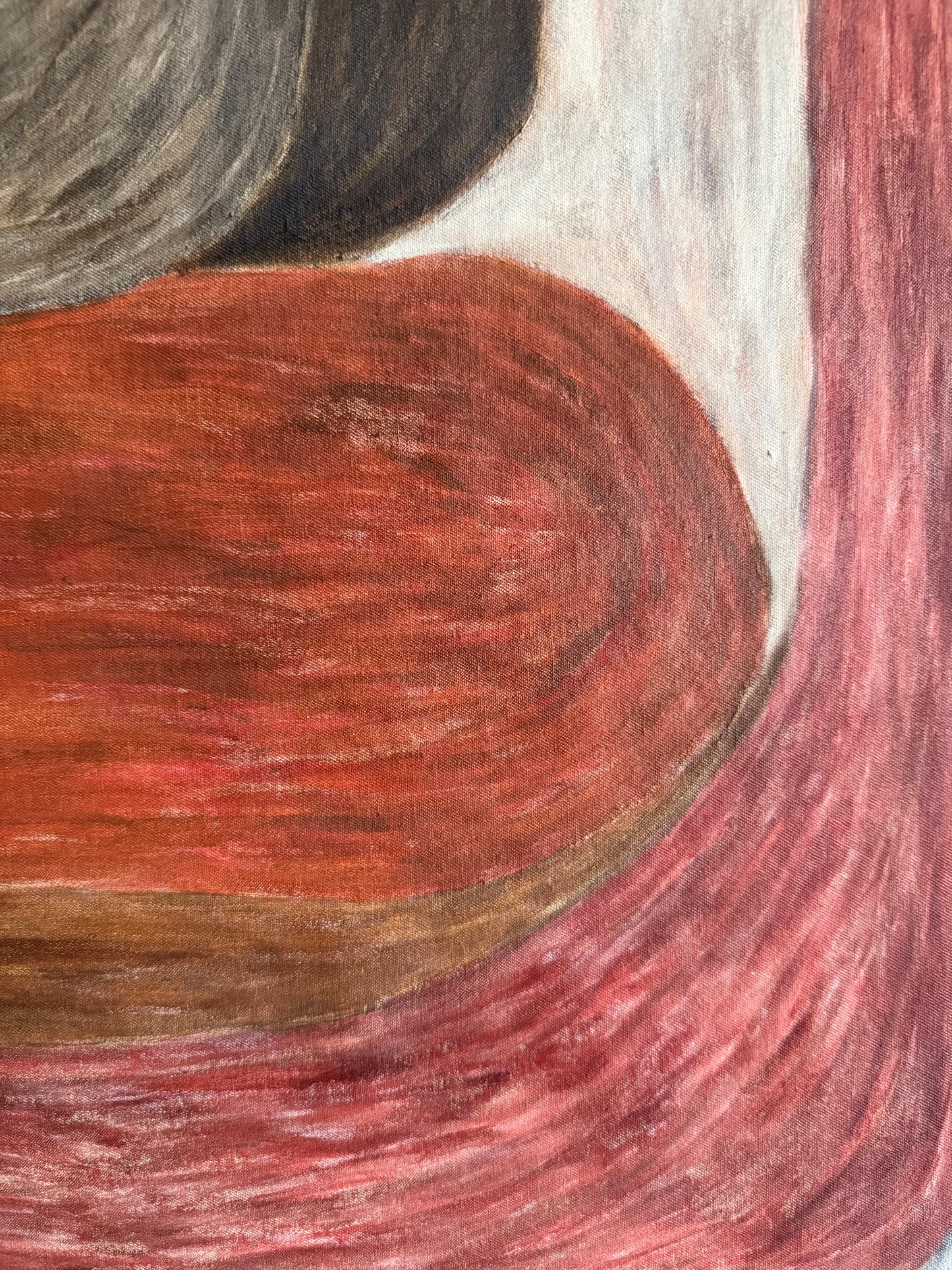 Detail of Ruminating by Sophie Lehniger, layered red and earth tones in a contemporary abstract HELD series painting.
