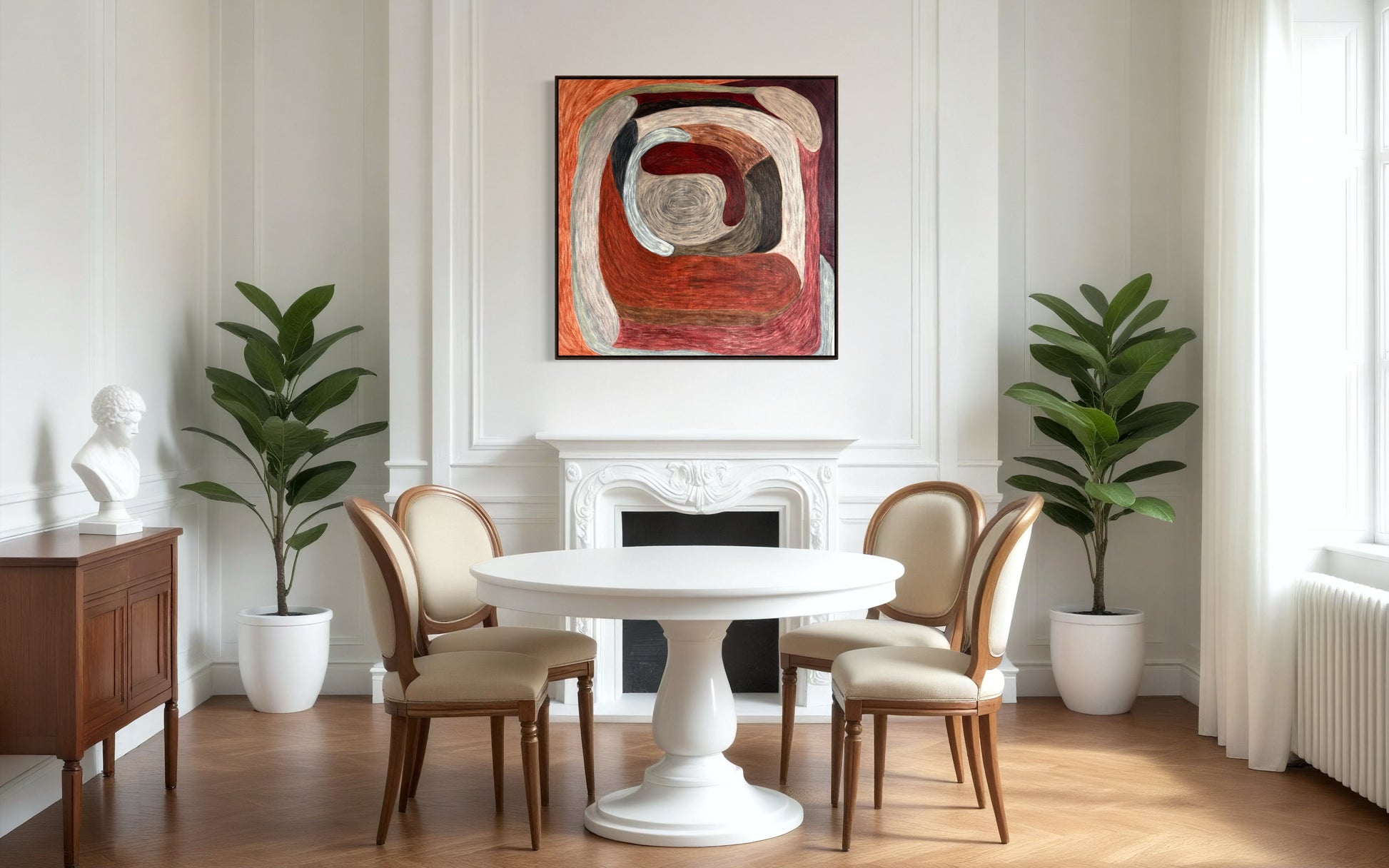 Ruminating by Sophie Lehniger, square abstract painting from the HELD series in red and brown tones, 78 x 78 cm acrylic on canvas.