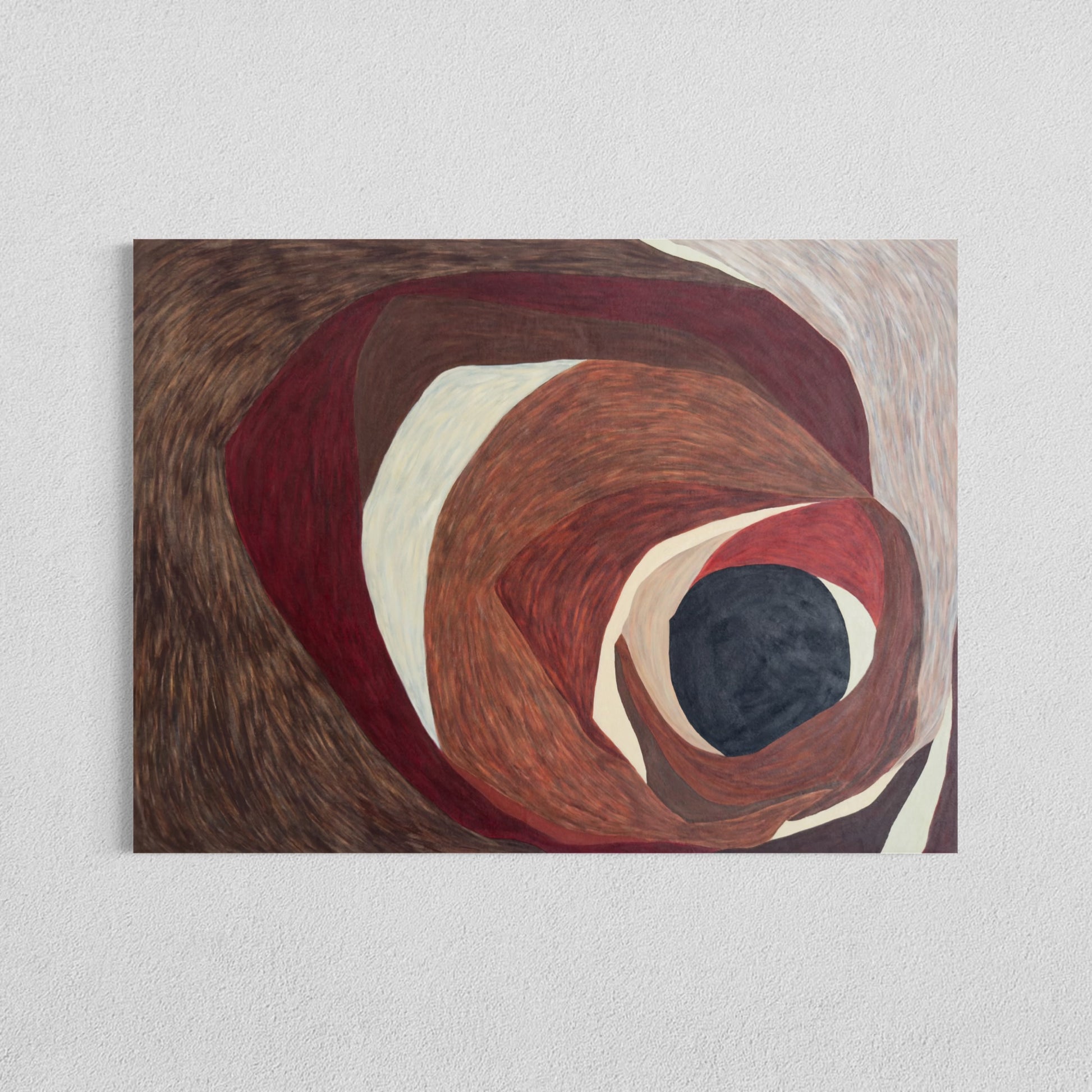 large contemporary abstract artwork with curved layered composition and dark central form