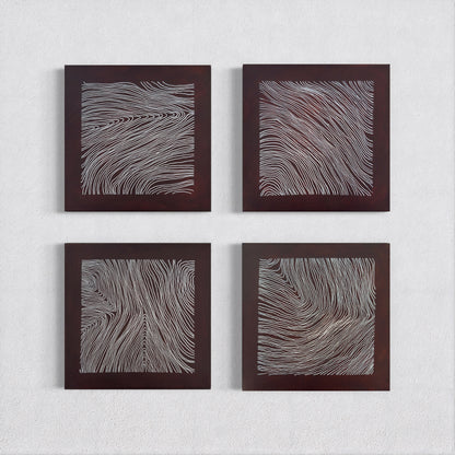 Set of four small abstract acrylic paintings with white flowing line patterns on dark red background, modern geometric wall art.