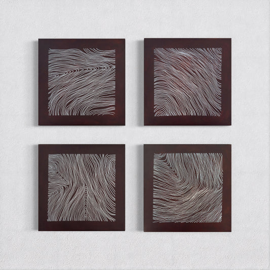 Set of four small abstract acrylic paintings with white flowing line patterns on dark red background, modern geometric wall art.