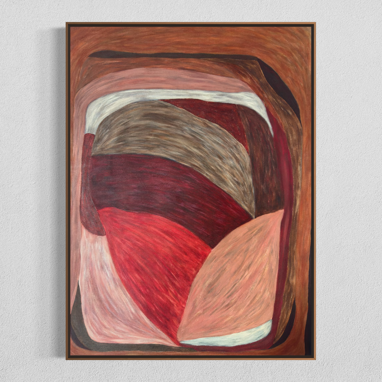 Abstract painting from the HELD series with interlocking, offset shapes in red, brown, and muted flesh tones, creating lateral tension and controlled imbalance.