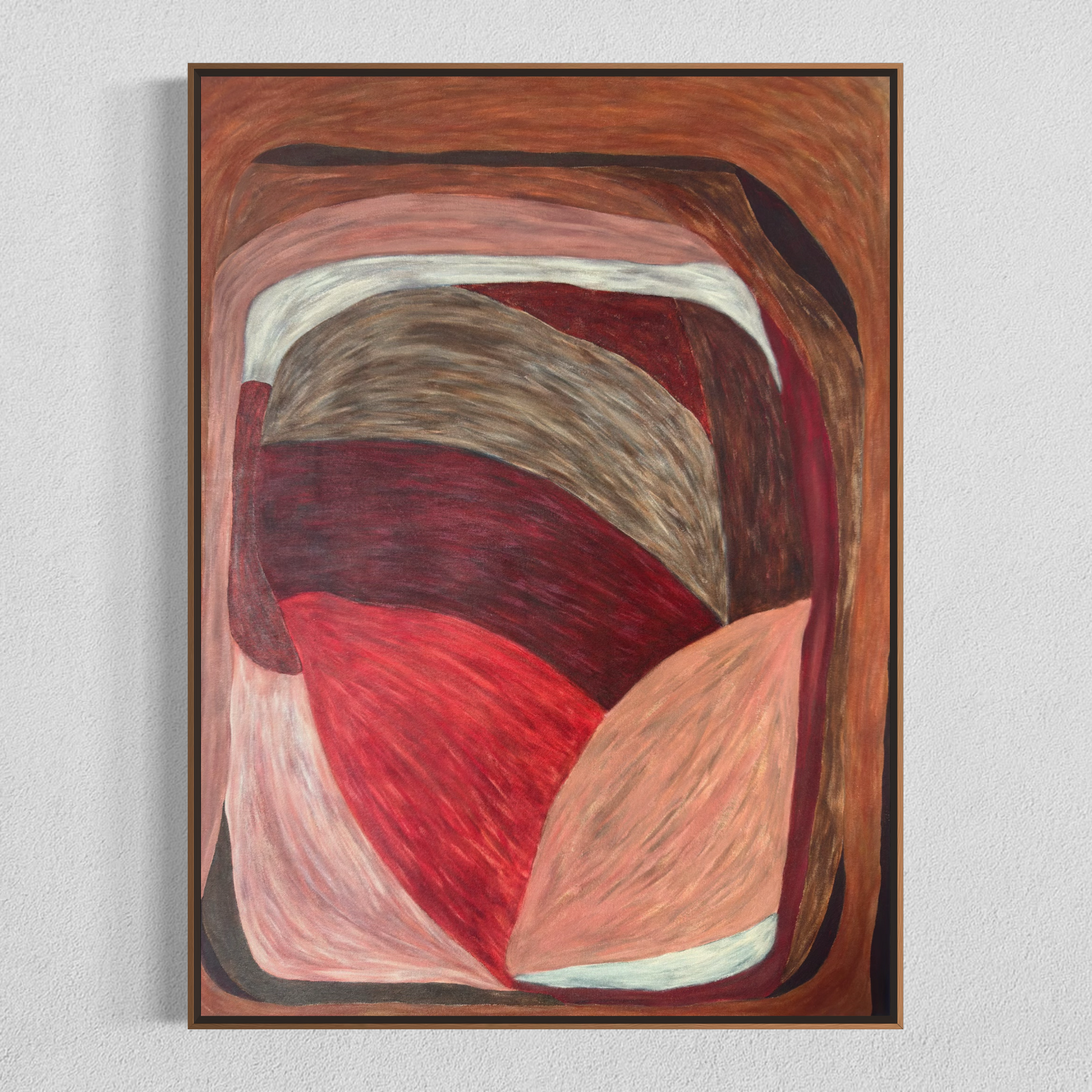 Abstract painting from the HELD series with interlocking, offset shapes in red, brown, and muted flesh tones, creating lateral tension and controlled imbalance.
