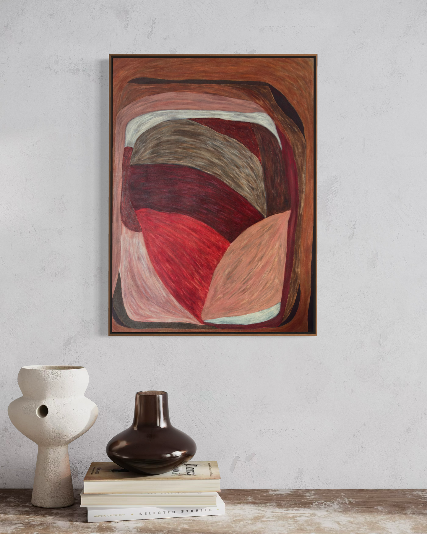 Abstract painting from the HELD series with interlocking, offset shapes in red, brown, and muted flesh tones, creating lateral tension and controlled imbalance.