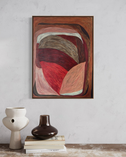 Abstract painting from the HELD series with interlocking, offset shapes in red, brown, and muted flesh tones, creating lateral tension and controlled imbalance.