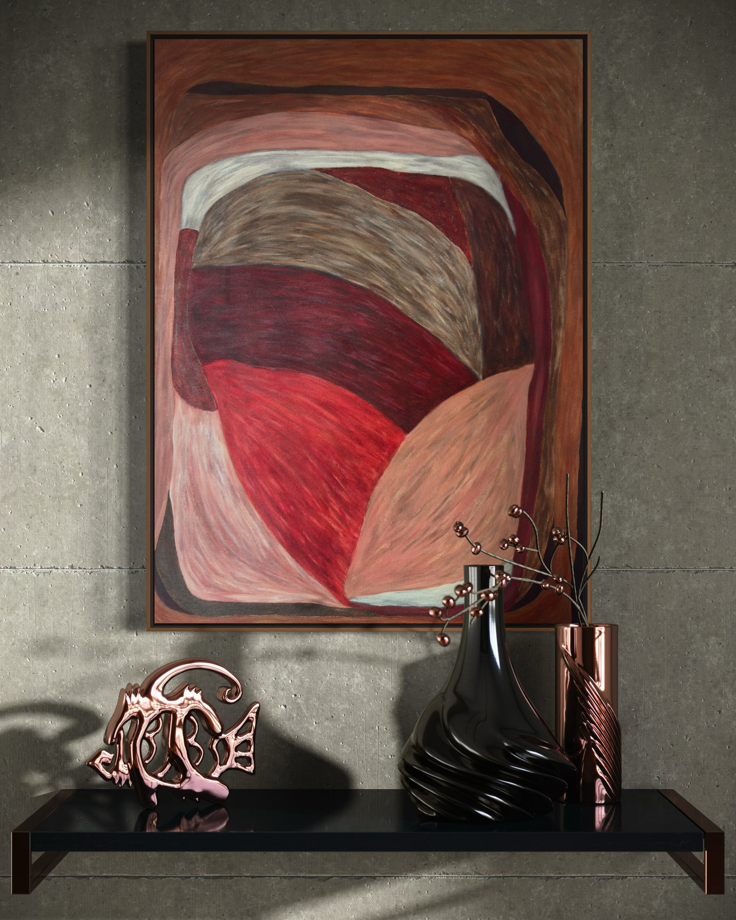 Abstract painting from the HELD series with interlocking, offset shapes in red, brown, and muted flesh tones, creating lateral tension and controlled imbalance.