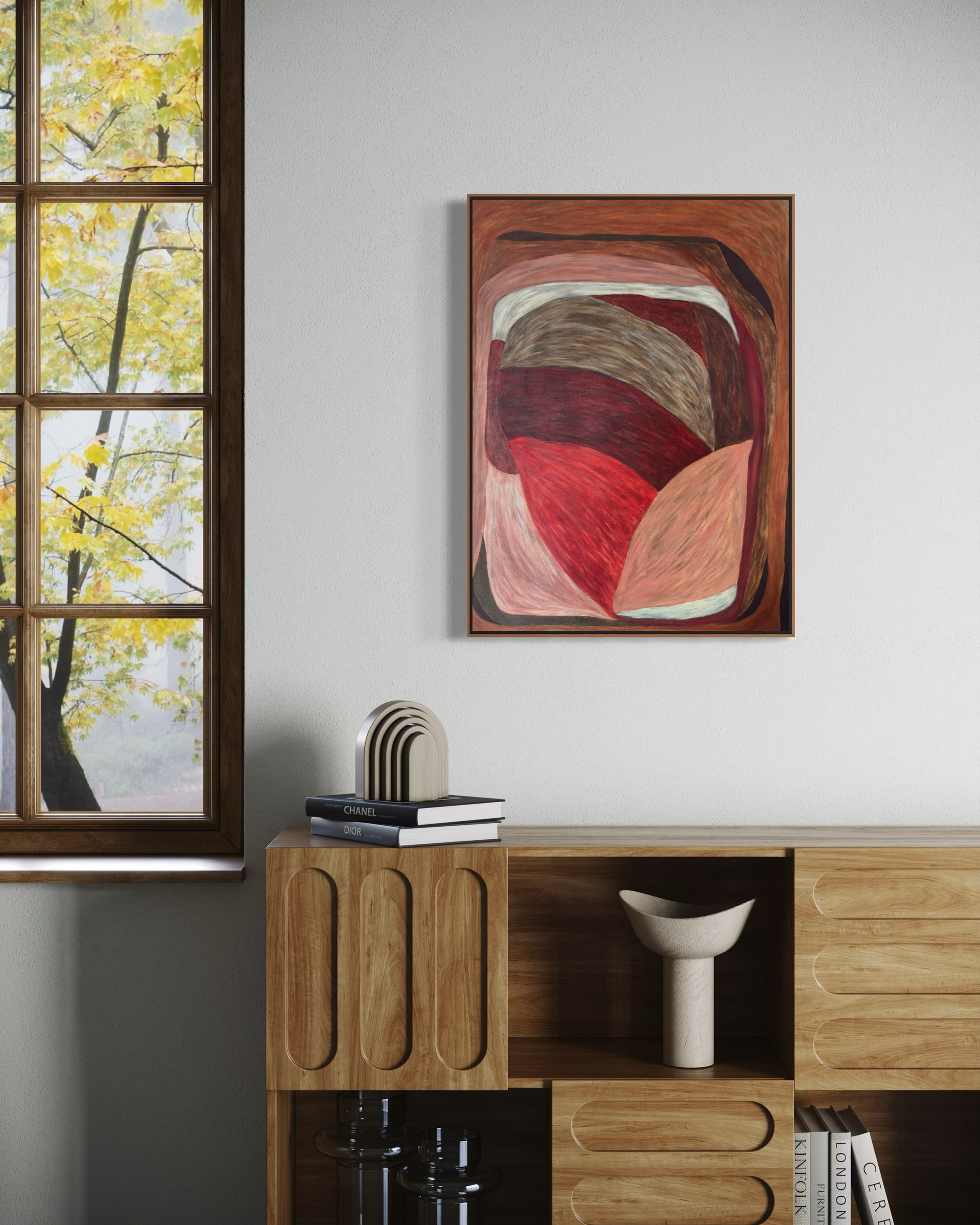 Abstract painting from the HELD series with interlocking, offset shapes in red, brown, and muted flesh tones, creating lateral tension and controlled imbalance.