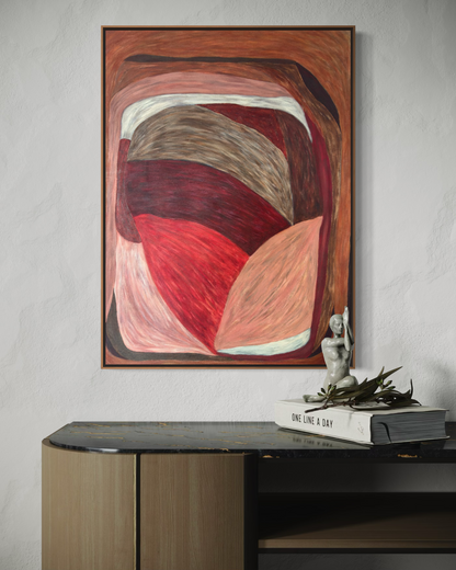 Abstract painting from the HELD series with interlocking, offset shapes in red, brown, and muted flesh tones, creating lateral tension and controlled imbalance.