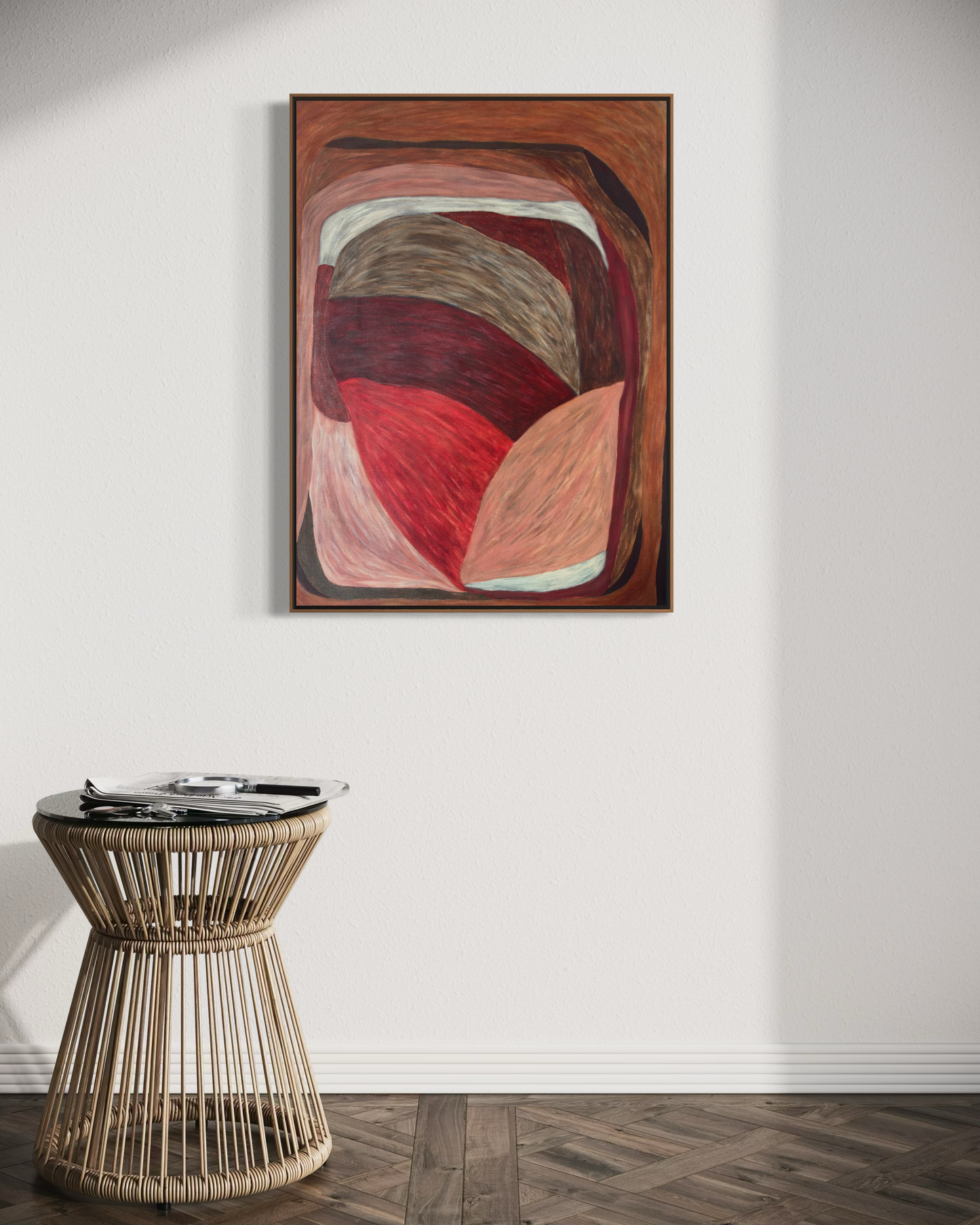 Abstract painting from the HELD series with interlocking, offset shapes in red, brown, and muted flesh tones, creating lateral tension and controlled imbalance.