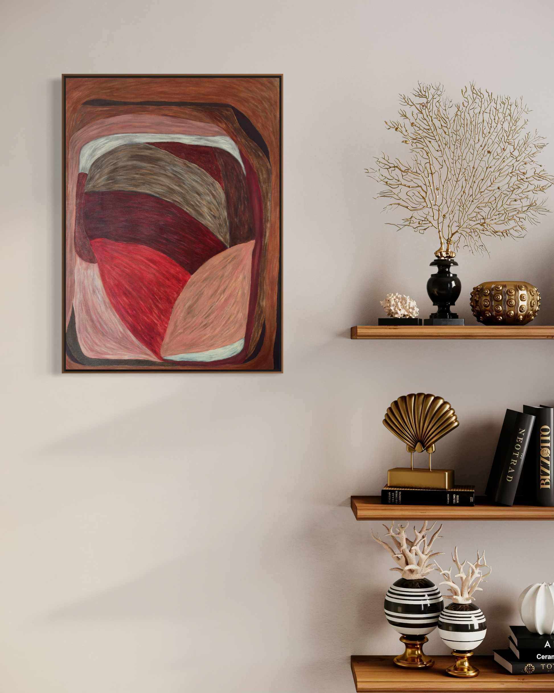 Abstract painting from the HELD series with interlocking, offset shapes in red, brown, and muted flesh tones, creating lateral tension and controlled imbalance.