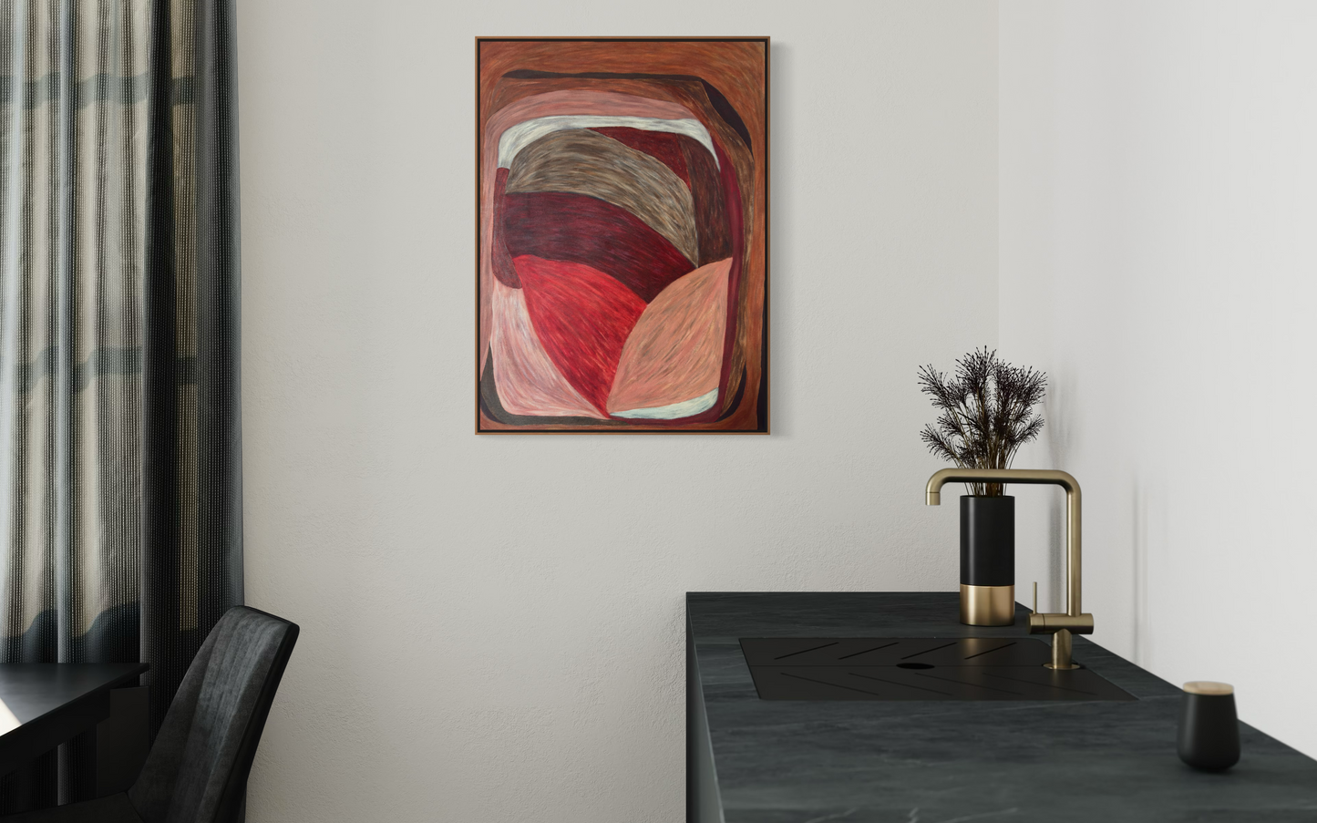Abstract painting from the HELD series with interlocking, offset shapes in red, brown, and muted flesh tones, creating lateral tension and controlled imbalance.