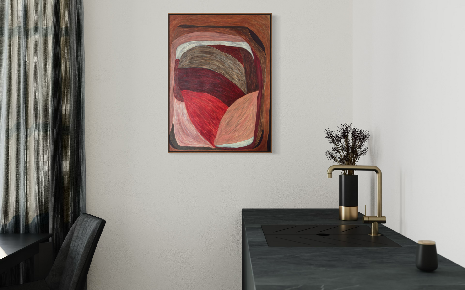 Abstract painting from the HELD series with interlocking, offset shapes in red, brown, and muted flesh tones, creating lateral tension and controlled imbalance.