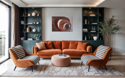 large-scale abstract artwork displayed in modern architectural interior