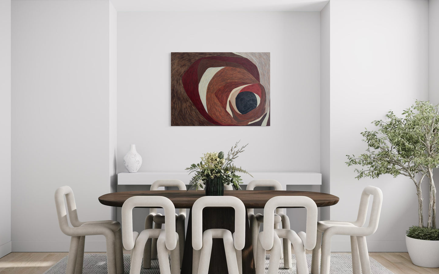 minimalist large wall art with spiraling forms in red and brown tones
