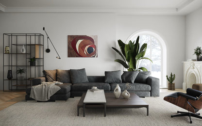 large-scale abstract artwork displayed in modern architectural interior